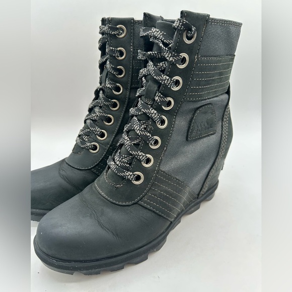 Sorel Lexie Wedge Lace Up Waterproof Leather Boot Bootie black size 8 - Picture 4 of 8
